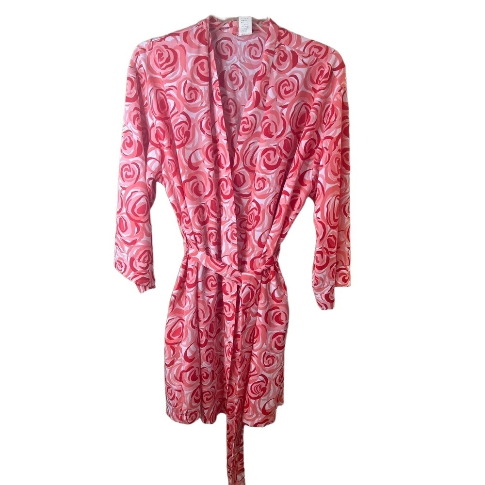 Cruz Pink Floral Kimono Robe Long Sleeves Self Tie Belt Medium